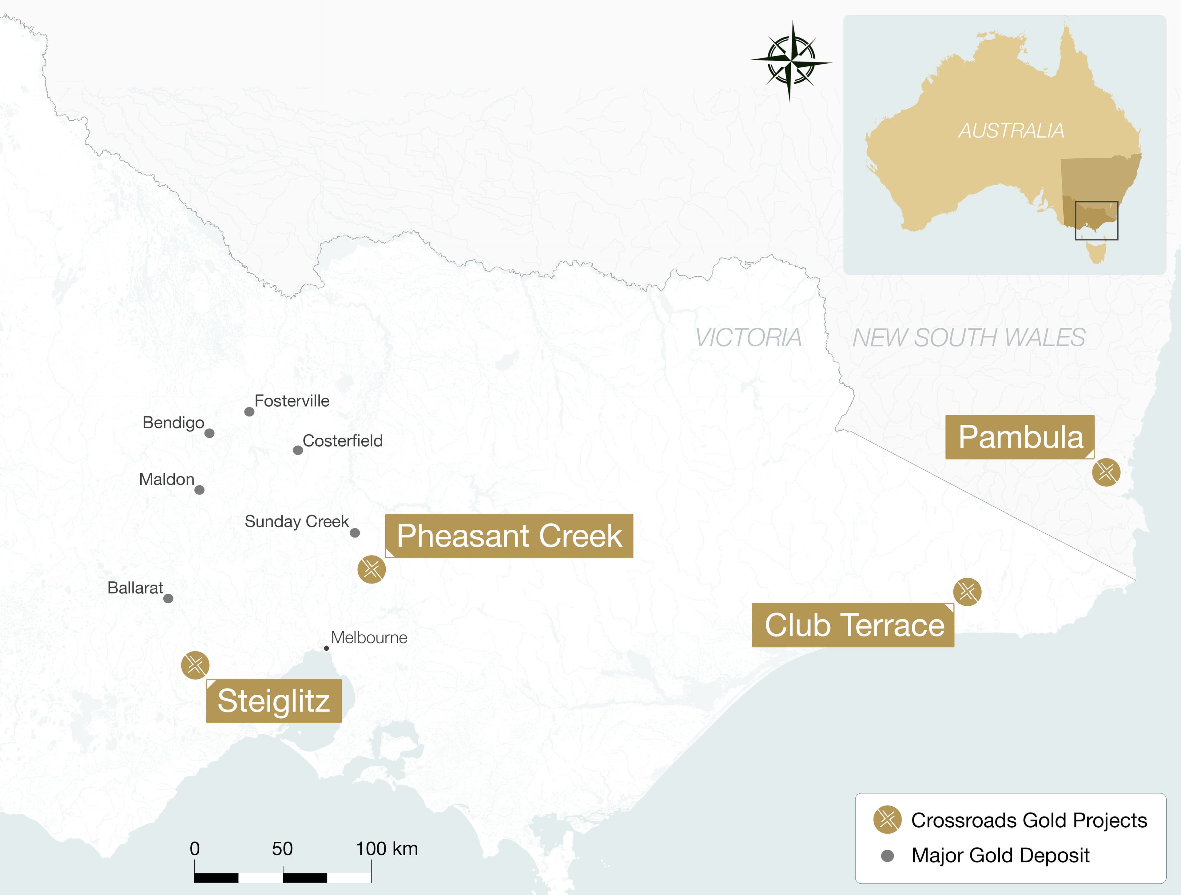Map showing Crossroads Gold Projects in Victoria and New South Wales, Australia, with locations for Steiglitz, Pheasant Creek, Club Terrace, and Pambula