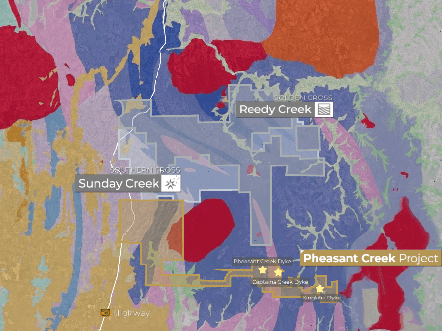 Geological map of the Pheasant Creek Project area showing colour-coded rock units, the project boundary south of Sunday Creek and Reedy Creek, and the Pheasant Creek, Captains Creek and Kinglake Dykes marked by stars
