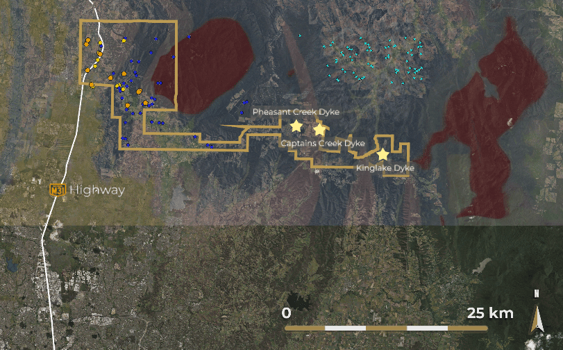 Map of the Pheasant Creek Project area showing coloured sample location points within and around the project boundary, the Pheasant Creek, Captains Creek and Kinglake Dykes marked by stars, the M31 Highway and a 25 km scale bar