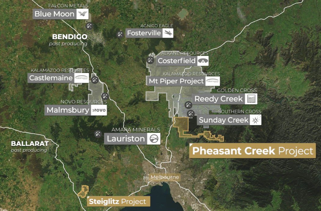 Satellite map of central Victoria showing the Pheasant Creek Project north of Melbourne and the Steiglitz Project to the south-west, with Bendigo, Ballarat and nearby projects including Fosterville, Costerfield, Mt Piper, Reedy Creek, Sunday Creek, Castlemaine, Malmsbury, Lauriston and Blue Moon