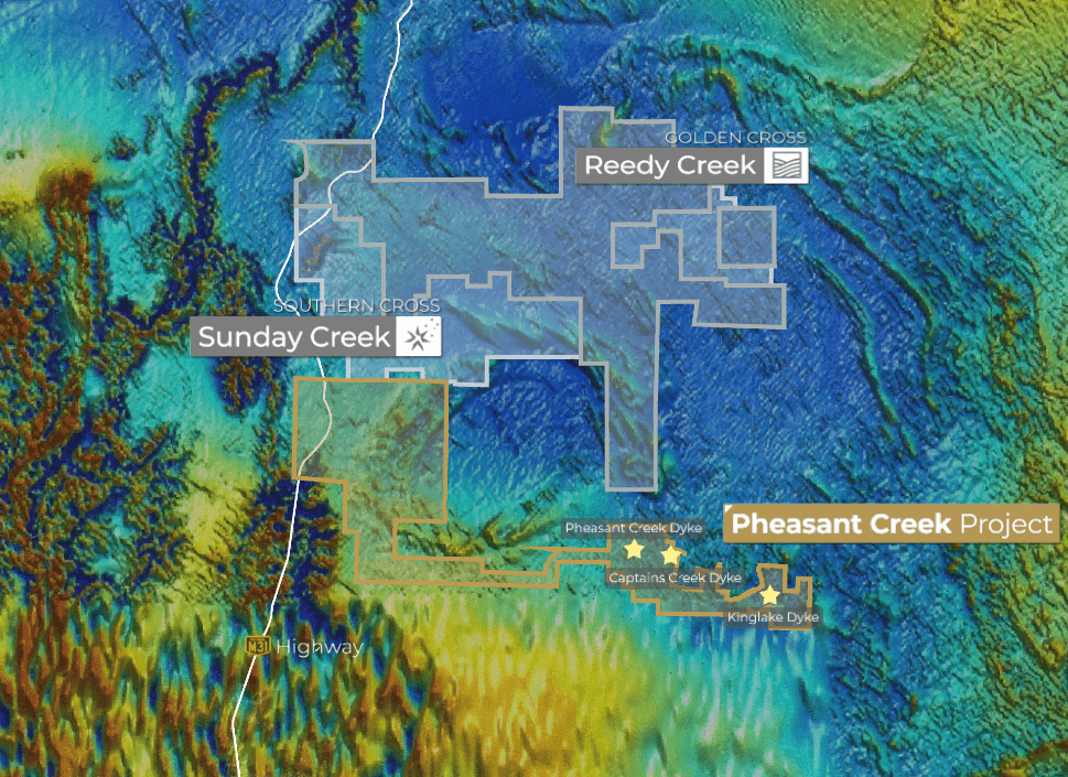 Colour elevation map of the Pheasant Creek Project area showing the project boundary south of Sunday Creek and Reedy Creek, with the Pheasant Creek, Captains Creek and Kinglake Dykes marked by stars and the M31 Highway to the west