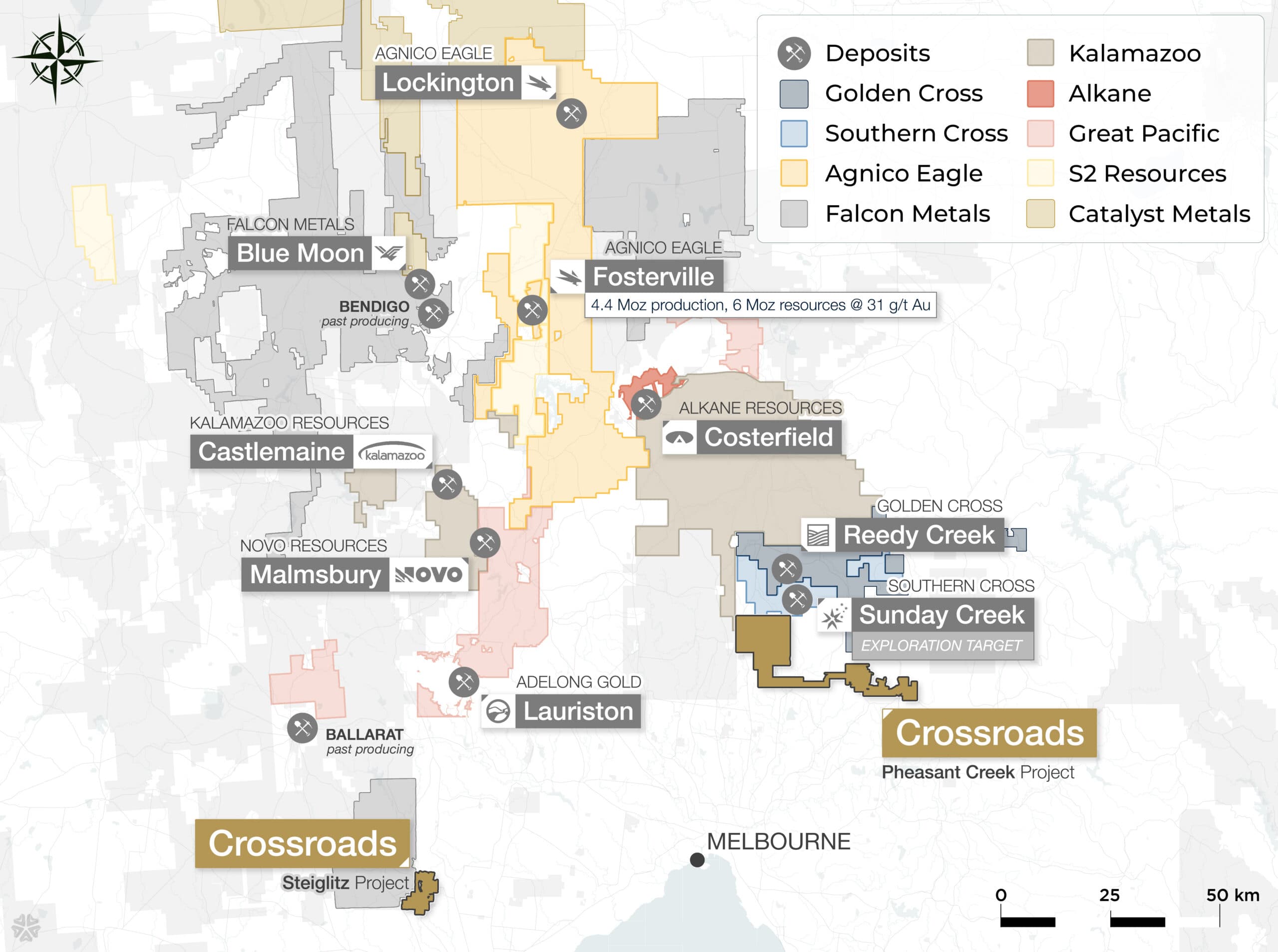 Regional claims map of central Victoria showing Crossroads’ Pheasant Creek Project next to Sunday Creek and Reedy Creek and the Steiglitz Project south of Ballarat, with neighbouring claims and deposits including Fosterville, Lockington, Costerfield, Blue Moon, Castlemaine, Malmsbury and Lauriston, a claim-holder legend and a 50 km scale bar