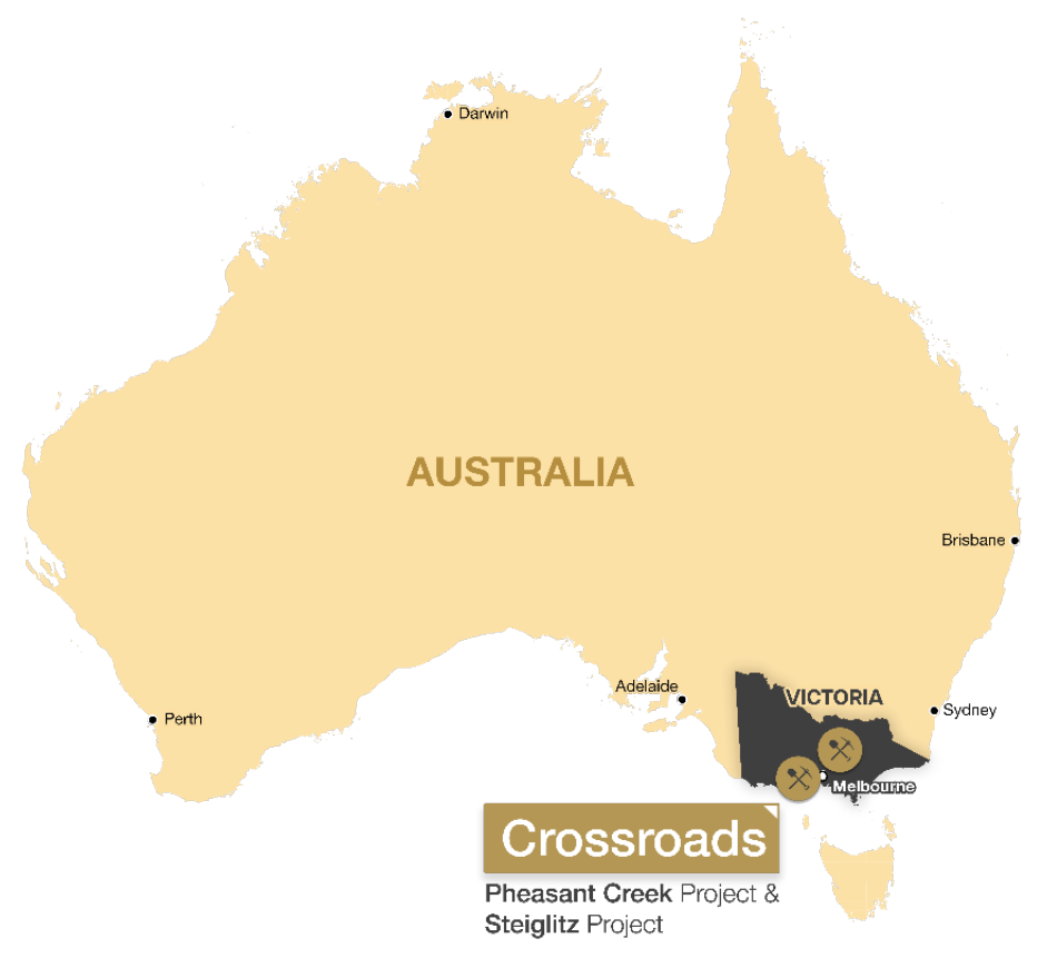 Map of Australia highlighting the state of Victoria, with Crossroads' Pheasant Creek Project and Steiglitz Project marked near Melbourne